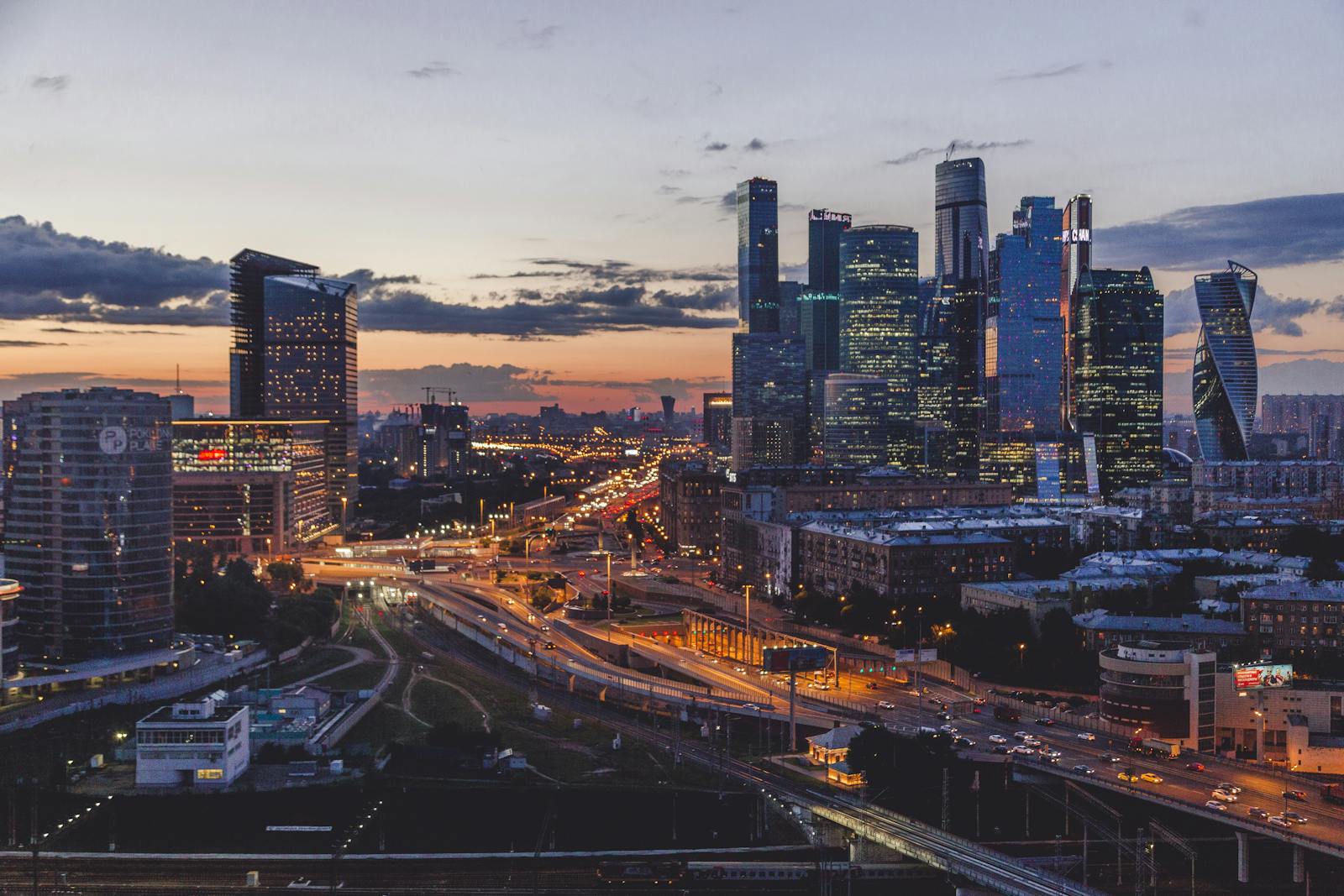 Stunning view of Moscow's modern skyscrapers and urban skyline at sunset.